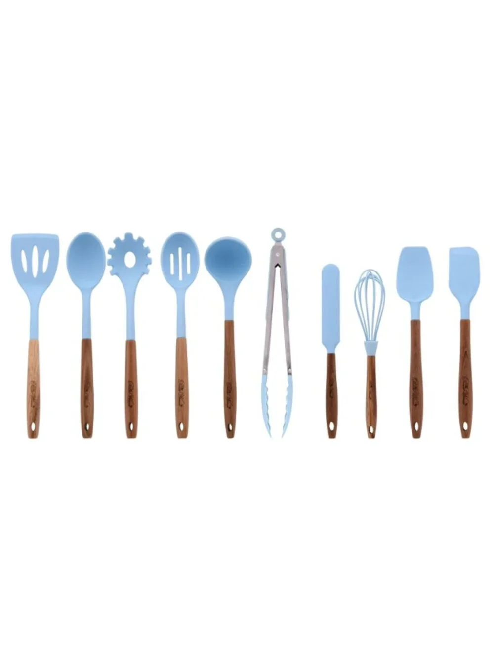 The Woman Pioneer Blue 10-Piece Silicone-Tipped Wood Handles Cooking Utensil